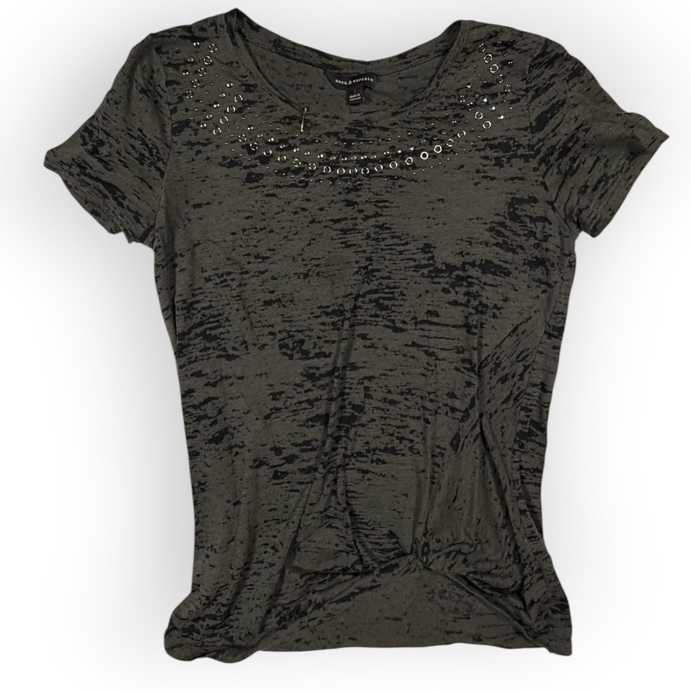 Rock & Republic Womens Grunge Punk Goth Studded Burnout Shirt Gray Black Grommet
